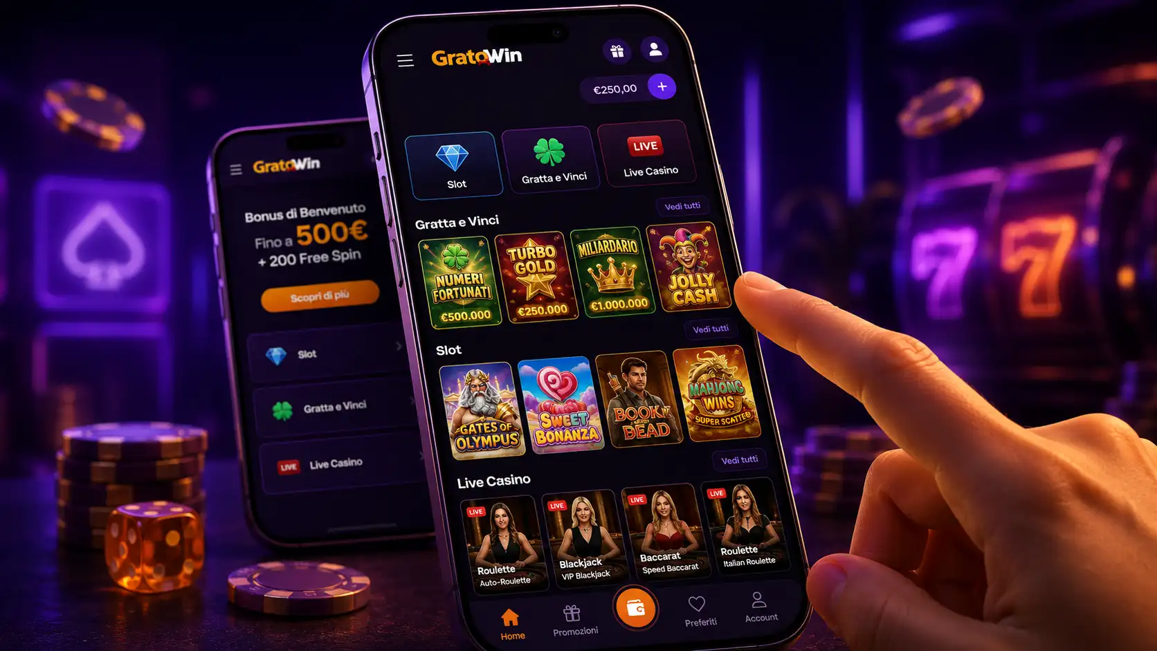 Catalogo giochi GratoWin su smartphone con slot gratta e vinci e live casino touch-ottimizzato